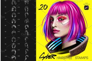 Cyber_20个赛博朋克插画风格头发发型procreate笔刷资源下载