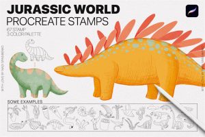 67个侏罗纪世纪恐龙植物素描图形图案插画procreate笔刷下载